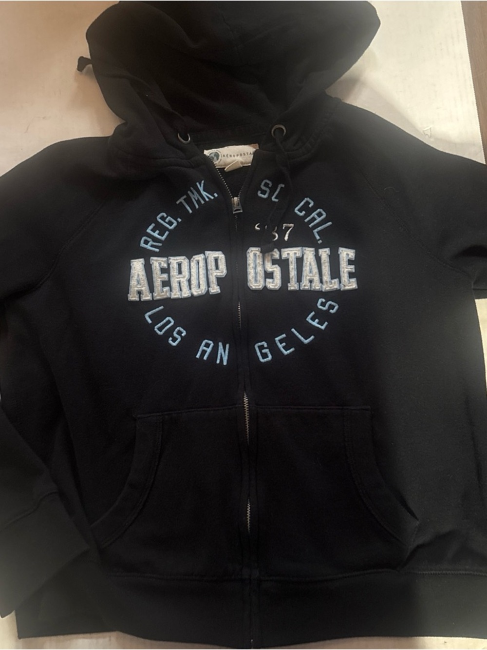 Aeropostale Black Hoodie with Light Blue and White Lettering